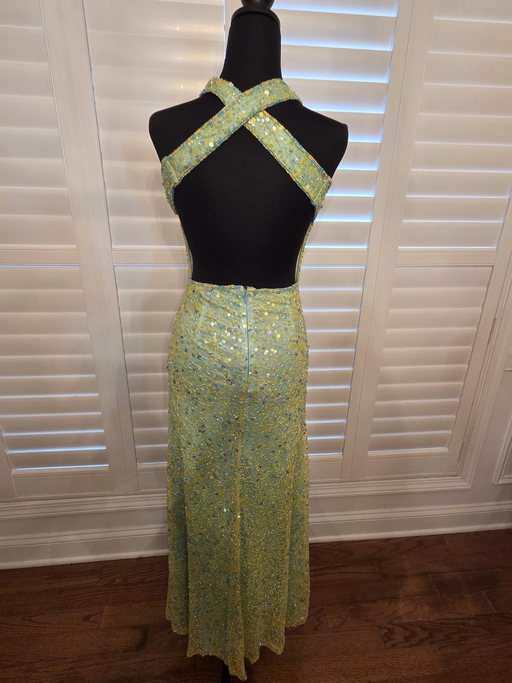 Camille Yellow-Green Sequin Cross-Back Evening Gown